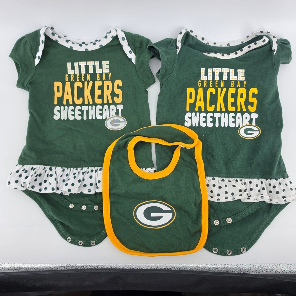 NFL Green Bay Packers Baby Girl 3 Piece Ruffle Bodysuit Bib Set 18M Sweetheart